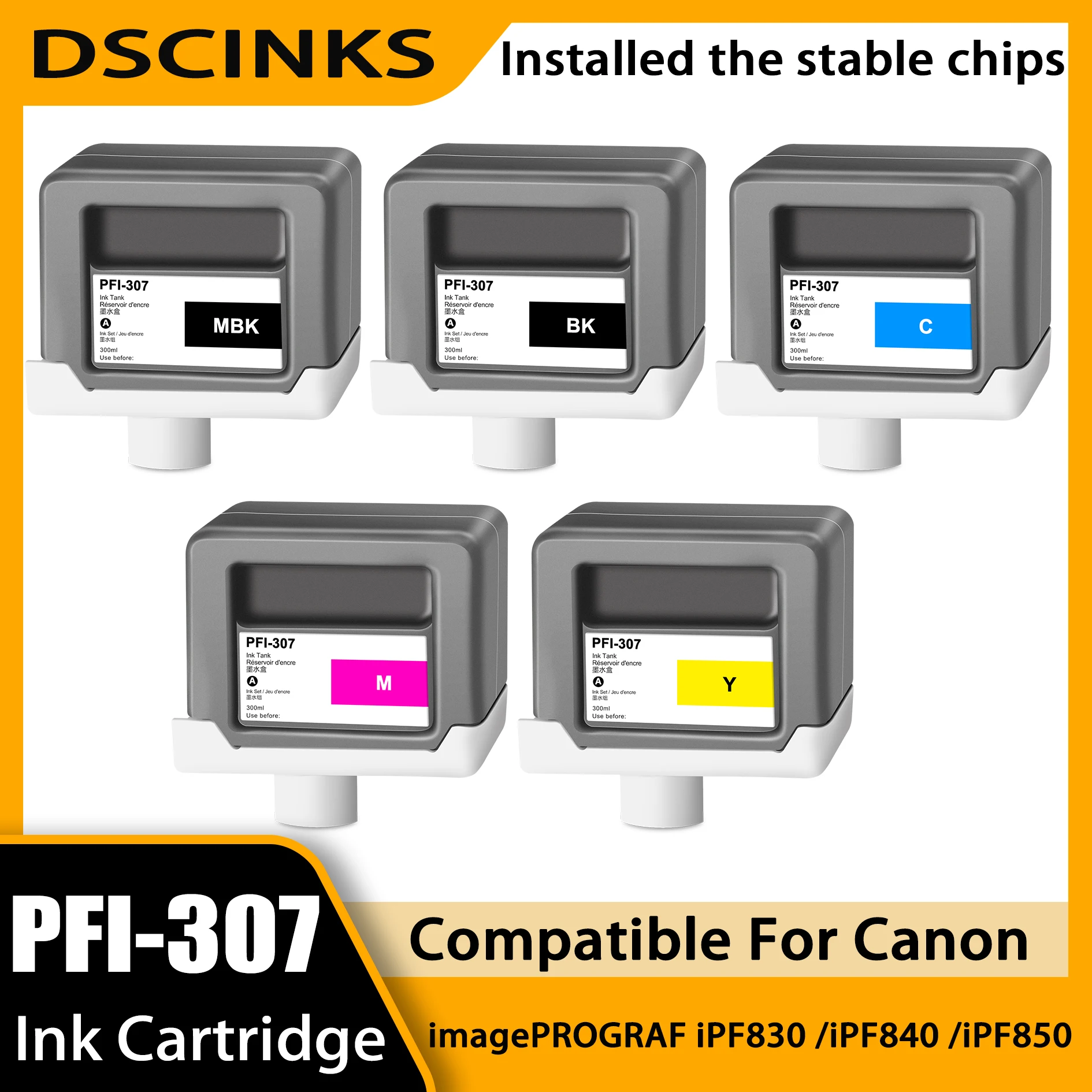 

1Set 5pack 330mL PFI-307 Pigment Ink Cartridge PFI307 For Canon imagePROGRAF iPF830 iPF840 iPF850 Printer BK C M Y MBK