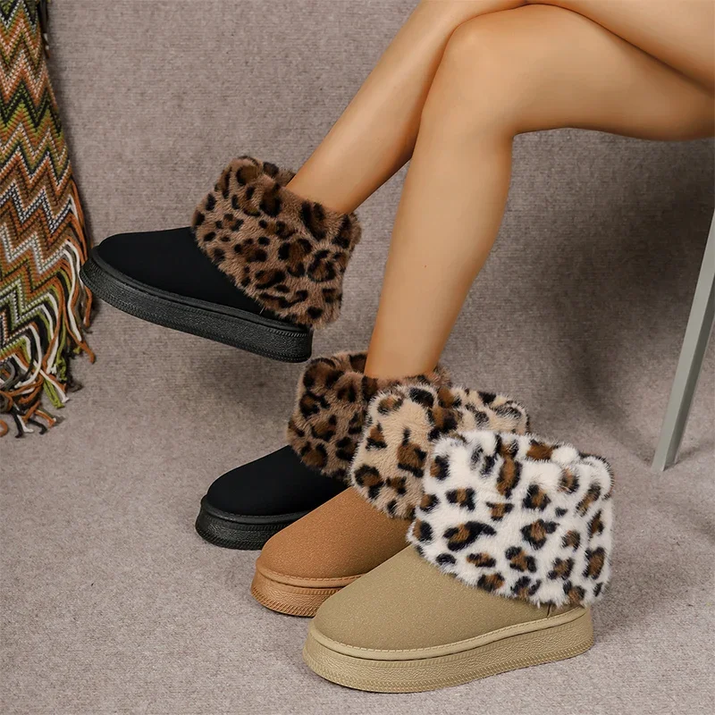 Fluffy Leopard Women Ankle Snow Boots Flats Platform Cotton Shoes Winter Warm Casual Suede Boots Trend 2024 Walking Female Botas