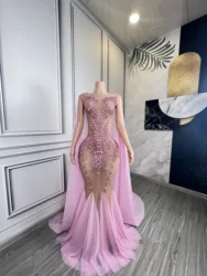 Luxury Sparkly Rhinestones Pink Mermaid  Long Evening Dresses with Cape Women Celebrate Birthday Prom Party Evening Gown