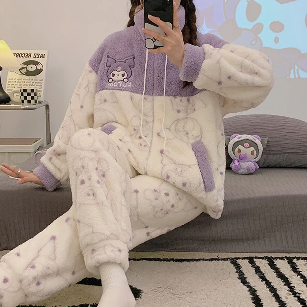 Kawaii 2Pcs Kuromi Cinnamoroll Pajama Set Winter Plush Thicken Home Clothes Sanrioed Anime Cartoon Warm Student Girl Cute Sweet