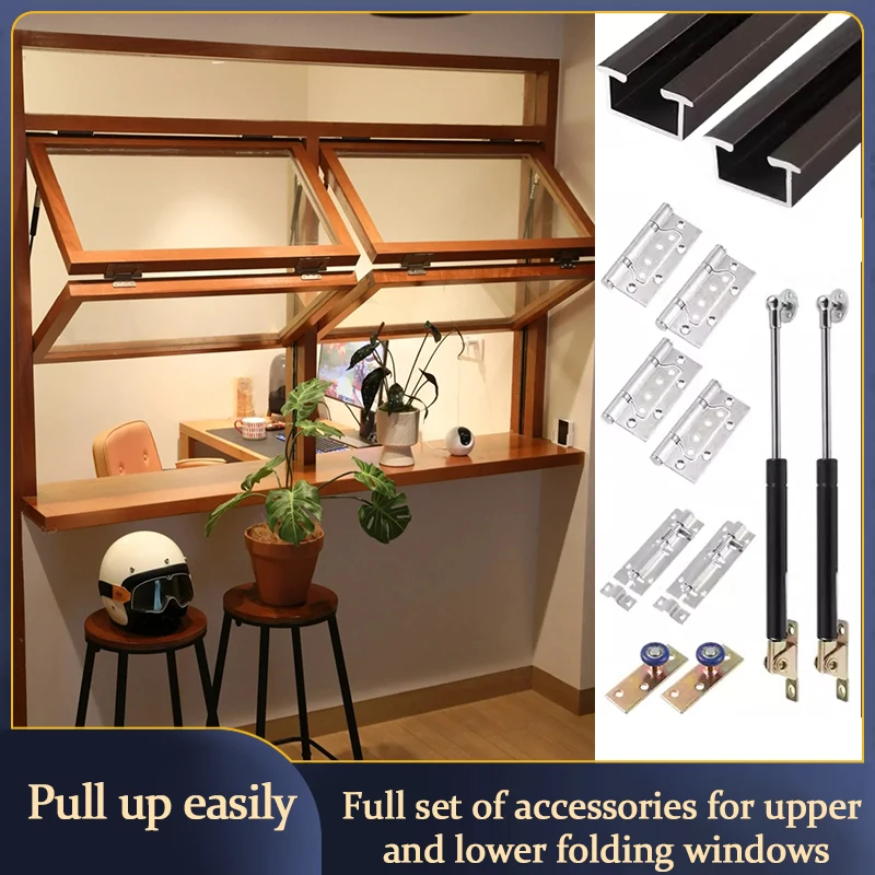 

Milk Tea Shop Folding Window Hardware Accessories Cafe Solid Wood Frame Glass Push And Pull Air Pressure Rod Window Slide Rail