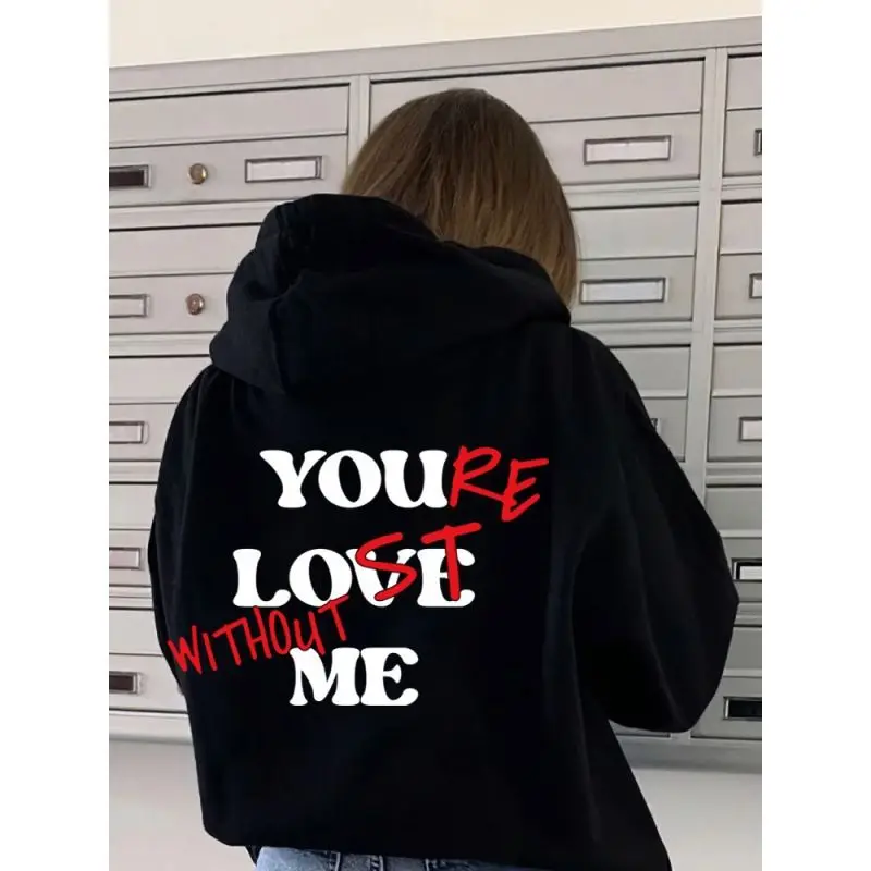 

2025 New Women's Pure Cotton Hoodie in Plain Color with Letter Print, Kangaroo Pocket and Drawstring Print