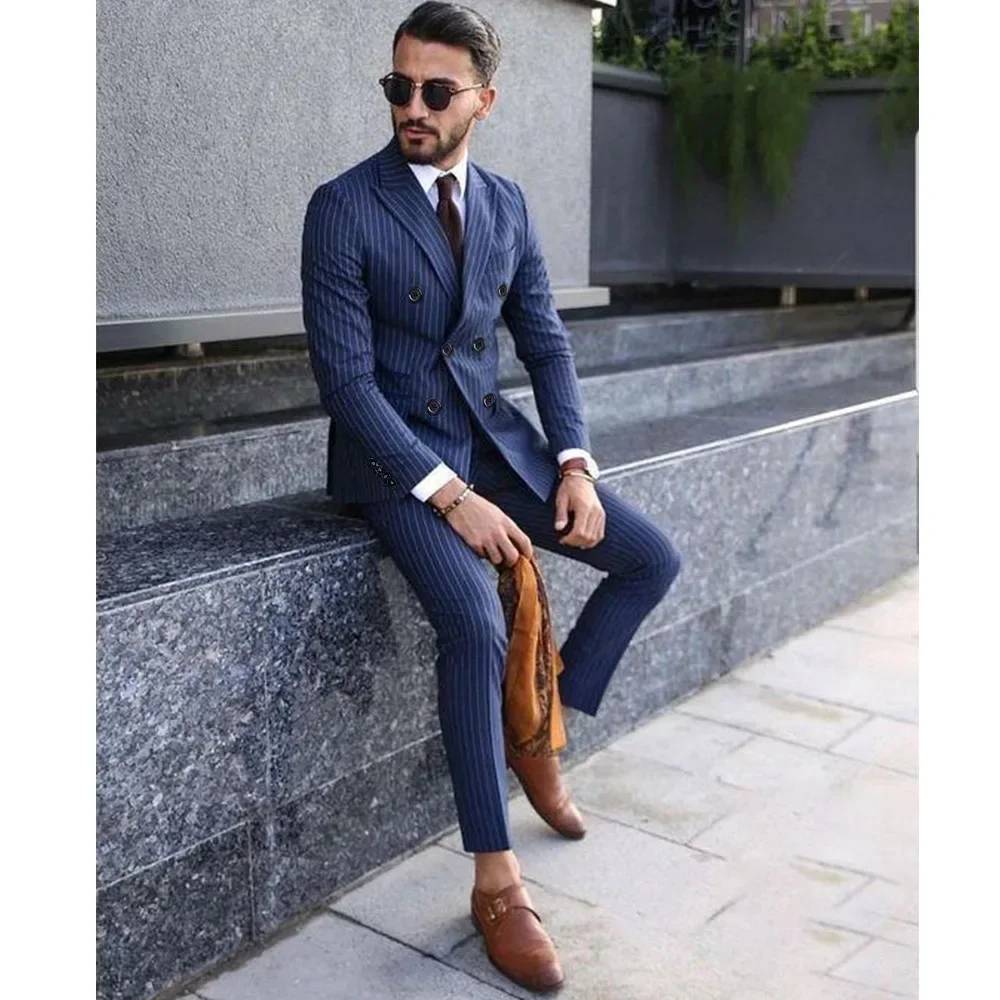 Formal Men\'s Suits Regular Fit 3 Piece Blazer Vest Pants Set Peak Lapel Tuxedos Stripe For Wedding Groomsmen Luxury High Quality