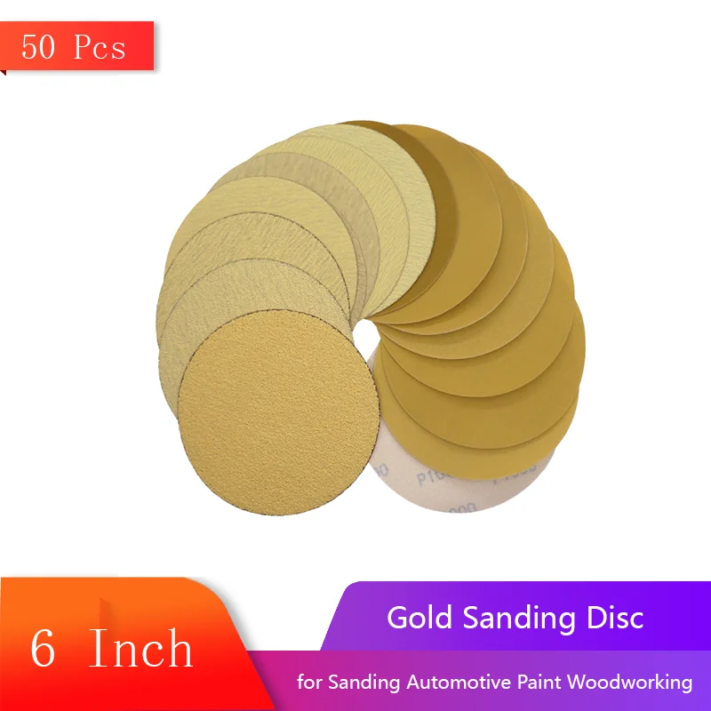 6 Inch Gold Sanding Disc Kit 50 PCS Hook & Loop Backing Sandpaper for Sanding Automotive Paint Woodworking Wood Metal Stone