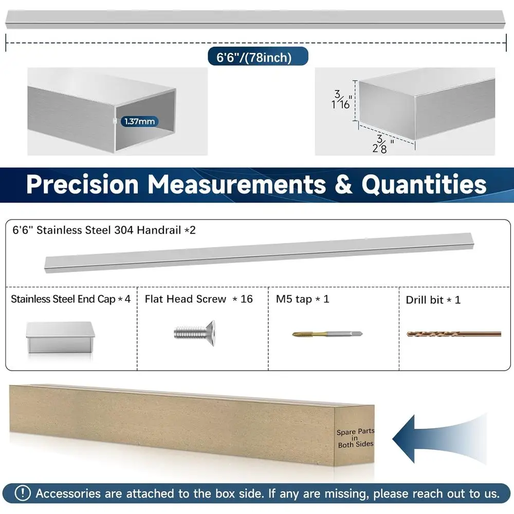 درابزين مصقول من الفولاذ المقاوم للصدأ T304، عبوتان من درابزين كابلات مستطيلة، حاجز علوي مسطح مع أغطية نهاية معدنية للداخلية والخارجية