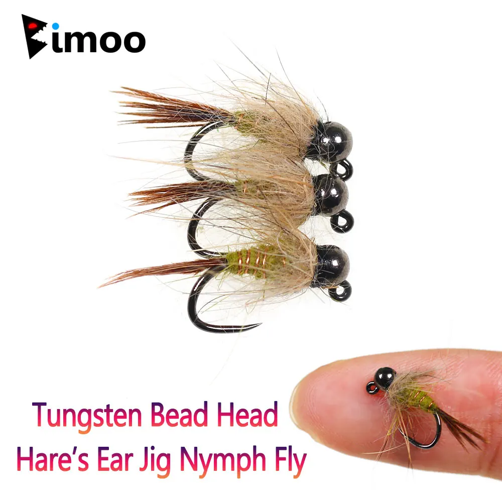 Bimoo 6pcs #14 Tungsten Bead Head Hare's Ear Jig Nymph Fly Barbless Fast Sinking Wet Euro Nymph Fly Trout Fishing Lures Baits