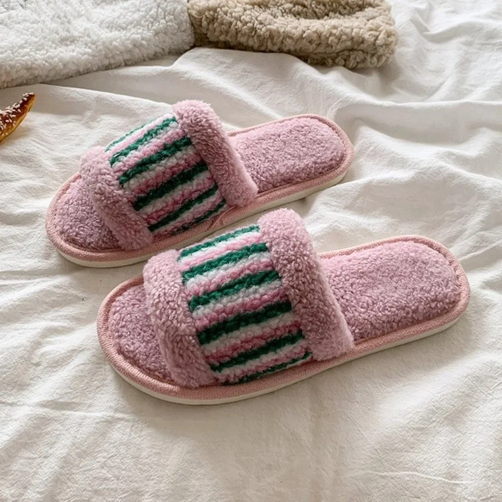 

Cozy Stripe Plush Warm Slippers Patchwork Thick Sole Winter Indoor Slippers Non-Slip Thicken Soft Home Slippers Dormitory