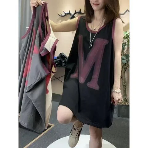 

plus Size 300 Pou Lazy Sle Letter Print Base irt Loose Meat Covering Svel Strap Vest Women Summer 2