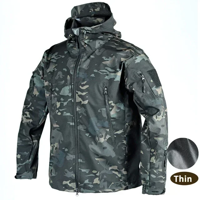 Men's Shark Skin Soft Hiking Jackets Camouflage Hooded Fleece Waterproof and Windproof Thermal Climbing Camping Coat Autumn 2023