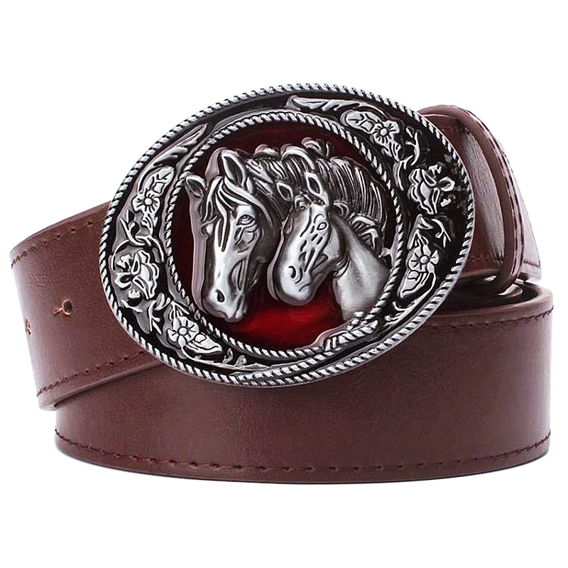 Fashion Men Leather Horse Belt Fine Horse's Head Pattern Floral Buckle Horsemanship Racing