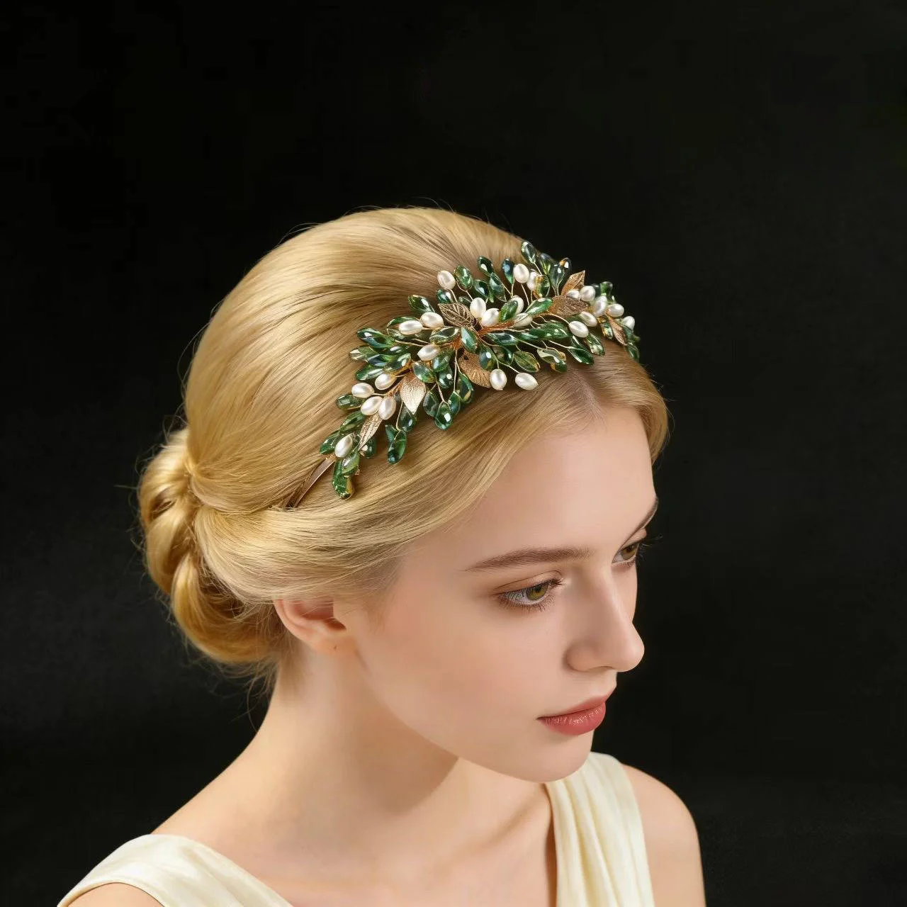 SLBRIDAL Handgefertigte Kristall-Strass-Perlen Blumen-Blatt Braut-Tiara Stirnband Hochzeitskrone Haaraccessoires Damen Mädchen Schmuck – Detail 3