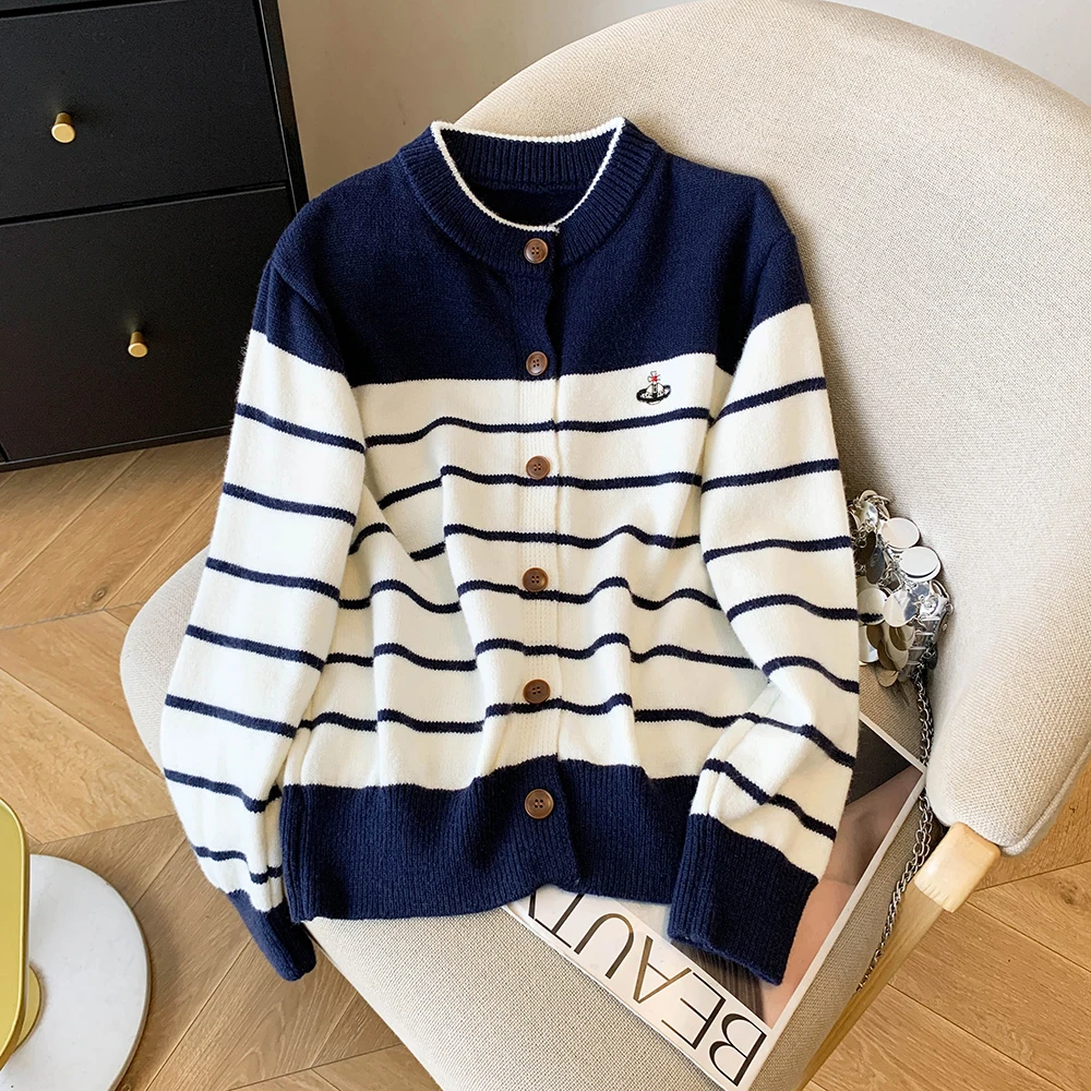 

Женский свободный крой полосатый вязаный свитер с вышивкой Inner irt Sweet Sle осень-зима из полиэфирного волокна Long Sve round Ne