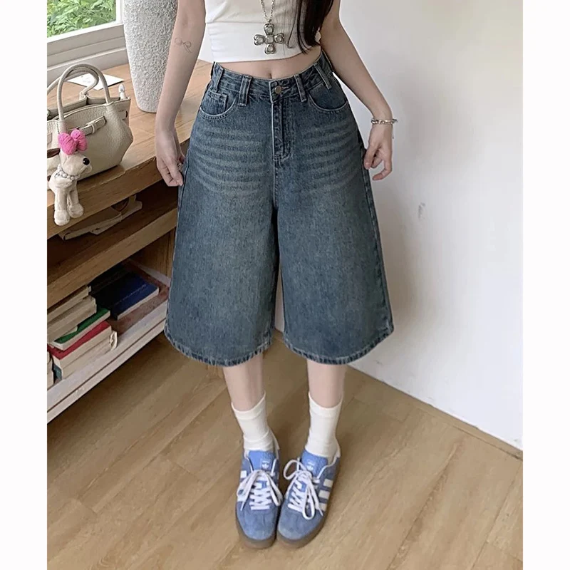 

Summer Women Baggy Straight Leg Thin Jeans Girls Classic High Waist Breathable Capri Pants Lady Solid Color Denim Shorts