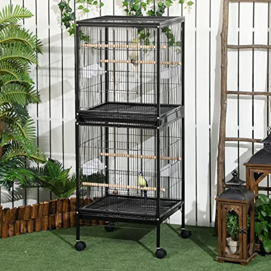 Large Bird Cage for Indoor Aviary Use, Powder-Coated Steel, Black, Spacious 1.7 ft Width Design Accommodates 55 Inch Wingspan