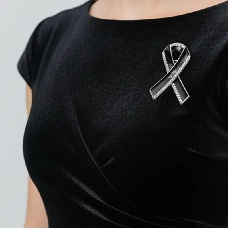 31BF Rhinestoned Alloy Ribbon Brooch Pin Sleek Black Corsage Pin For Professional Attire Casual Ensembles And Gift