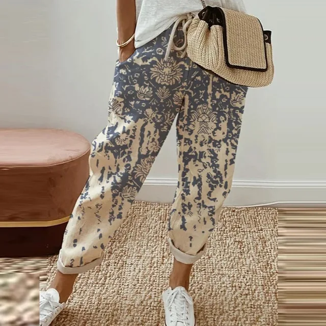 Pantalones con estampado Retro étnico para mujer, pantalón hasta el tobillo, cintura media, algodón, lino, bolsillo, recto, informal, cordón, Verano