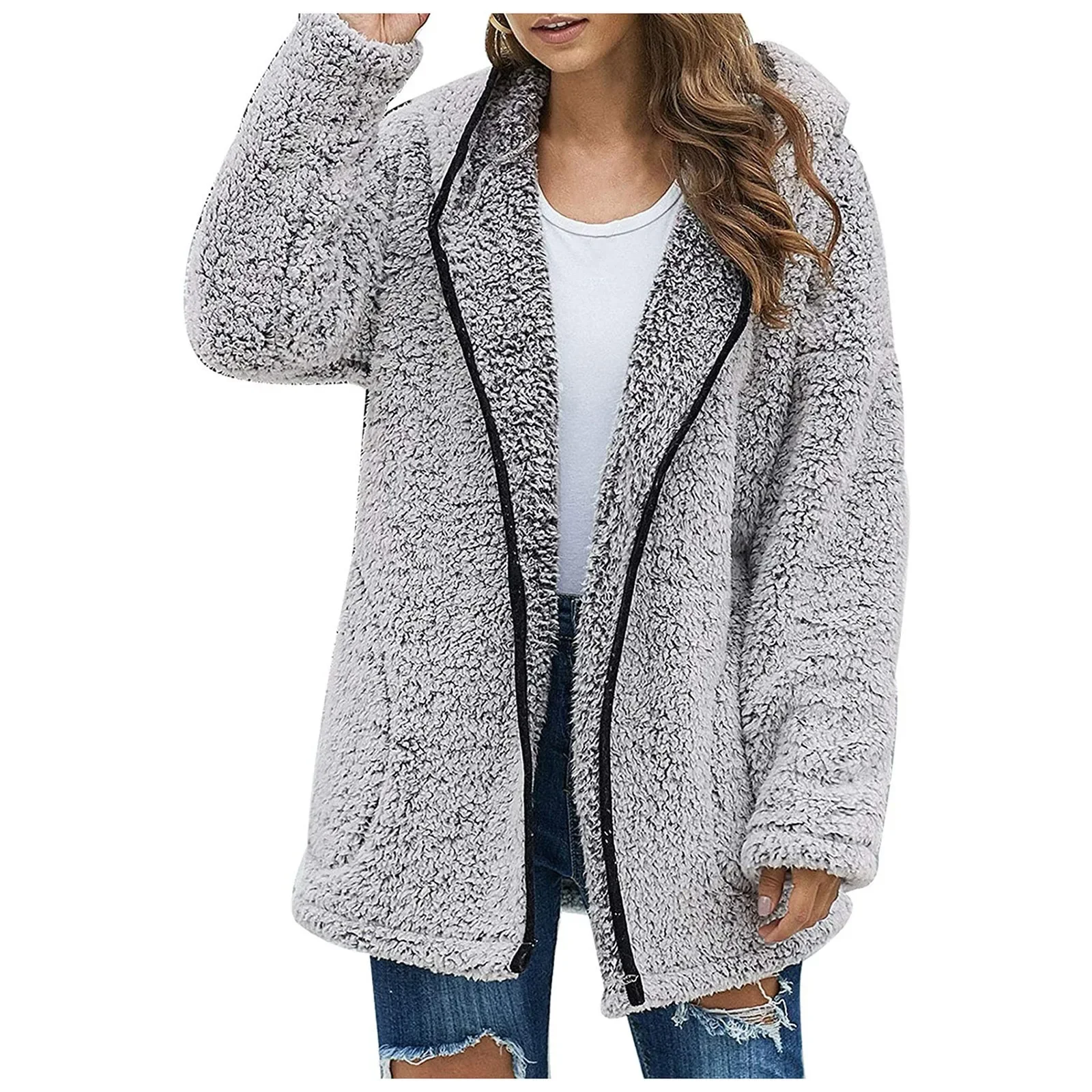 Autumn Winter European and American Hooded Medium-length Plush Zipper Coat, Solid Color Casual Long-sleeved Loose Jacket Women