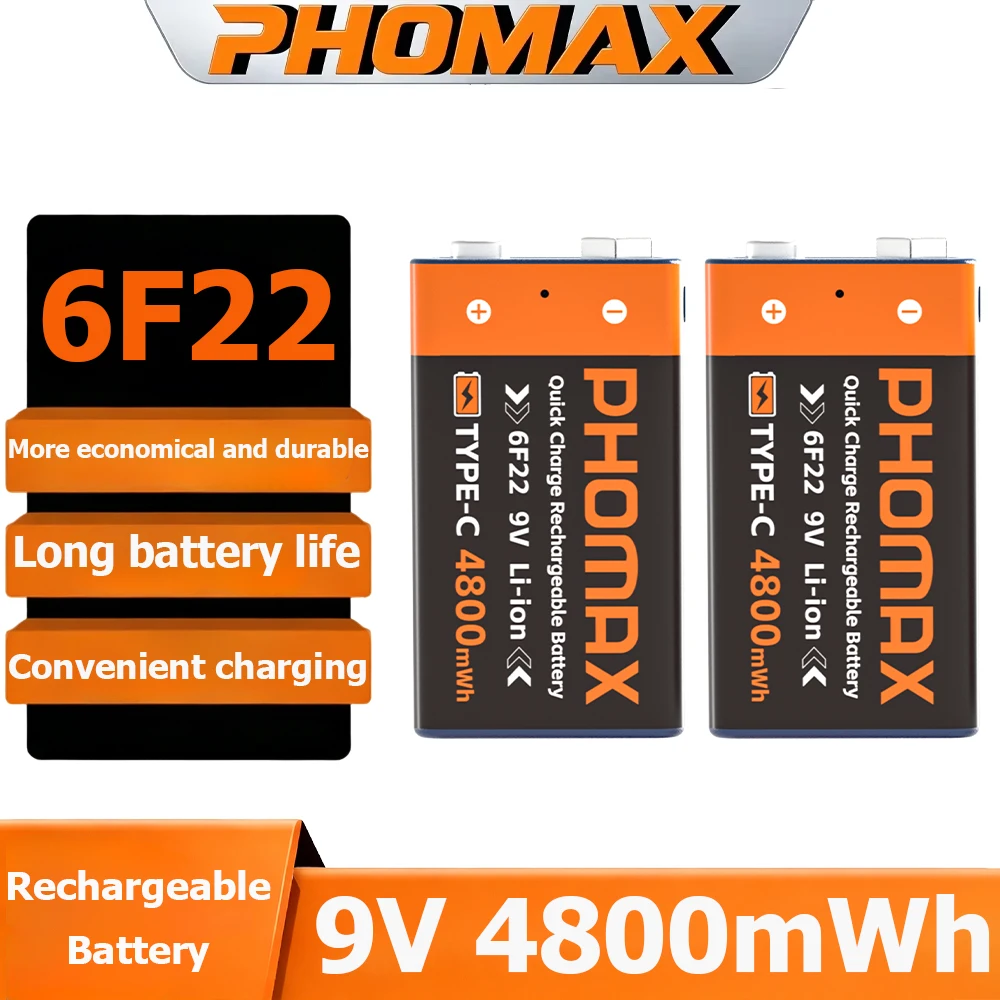 PHOMAX Rechargeable Battery 9V 6F22 Lithium ion Battery 4800mWh Battery For Guitar Microphone Smoke Detector Pedal With Type-C