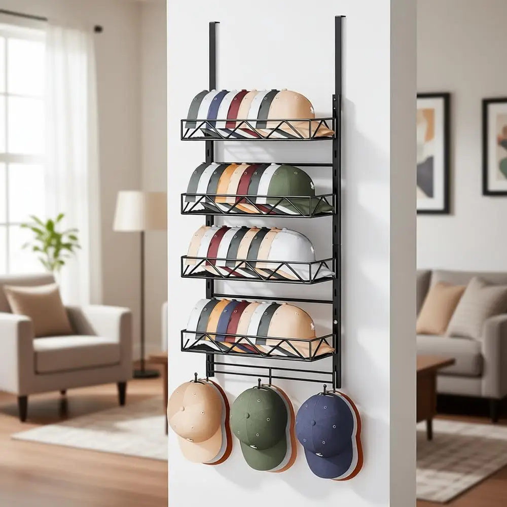 

Настенная 5-ярусная вешалка для головных уборов с 4 регулируемыми корзинами и 3 крючками, идеально подходит для хранения бейсболок в спальнях и гардеробных.