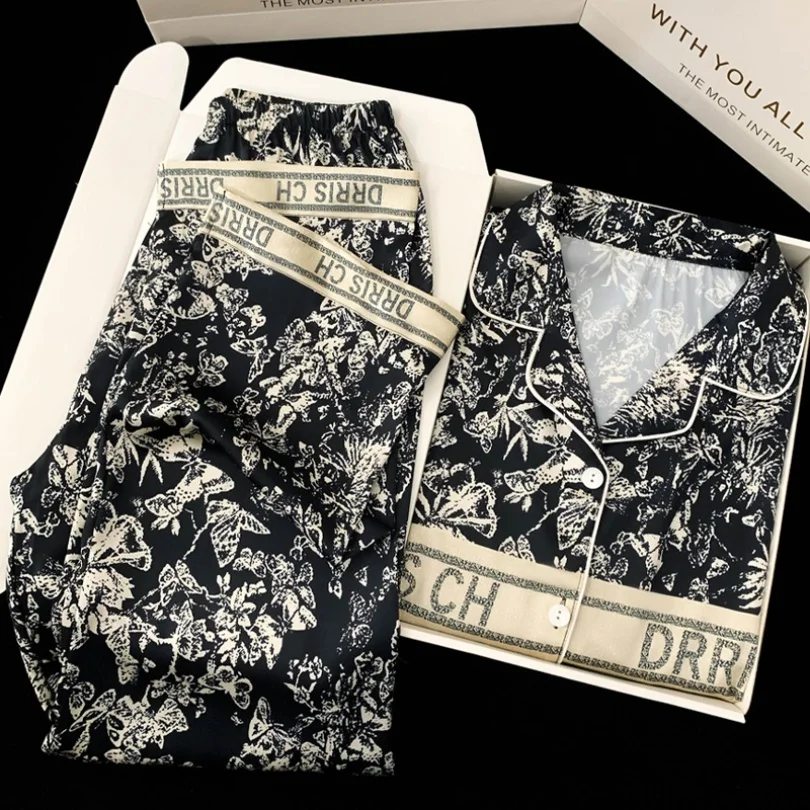 Spring and Autumn New Ladies Ice Silk Pajamas Homewear Suit Women Fashion Long-Sleeved Trousers Senior Sense of Homewear Suit