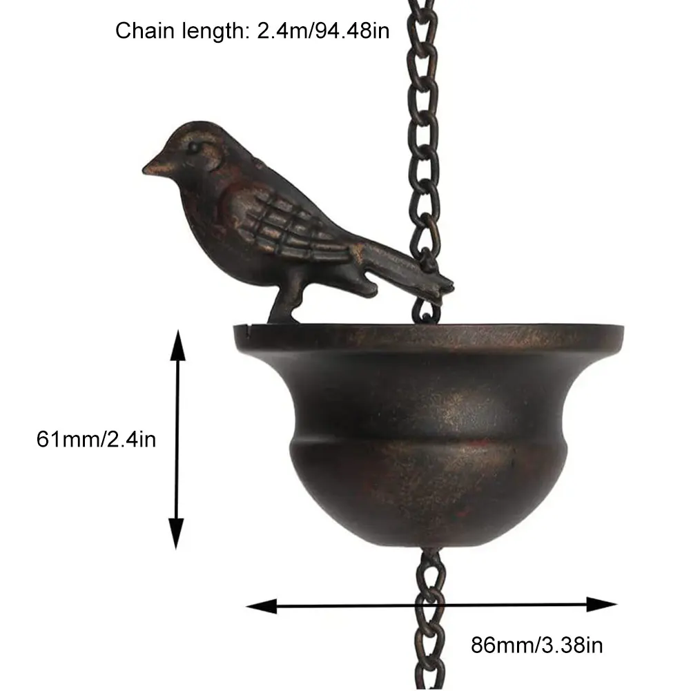 8 Feet Bronze Decorative Bird Rain Chain Mobile Metal Rainwater Catcher Chain 8 Birds Cups Drainage Rain Chain for Gutter Roof