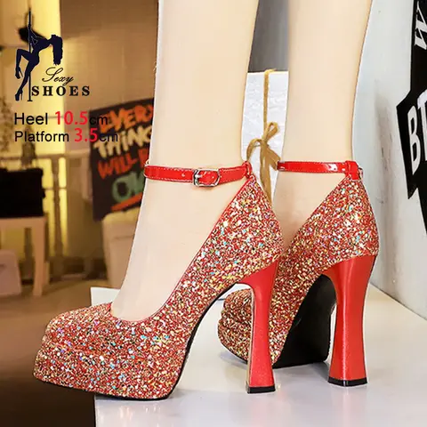 10.5CM High Heel Square Toe Pumps Female Platform Ankle Strap Fashion Model Catwalk Shoes Glitter Sequin Women Nightclub Shoes