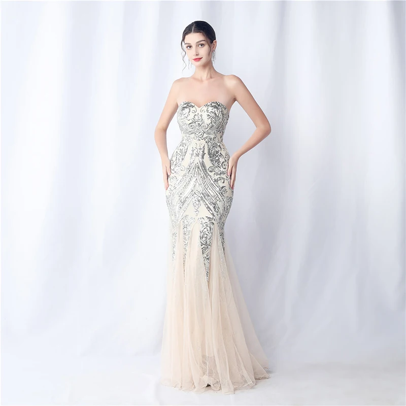 

Vestido de festa Elegant Ladies Sexy Summer Strapless Backless Mesh Sequined Formal Occasion Evening Mermaid Long Maxi dress