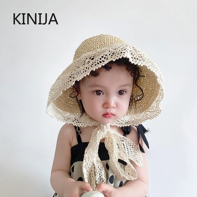 Children Straw Hat Summer Bucket Hat Lace Bow Baby Hat Panama Baby Girl Cap Beach Sun Cap Princess Baby Hat Cap