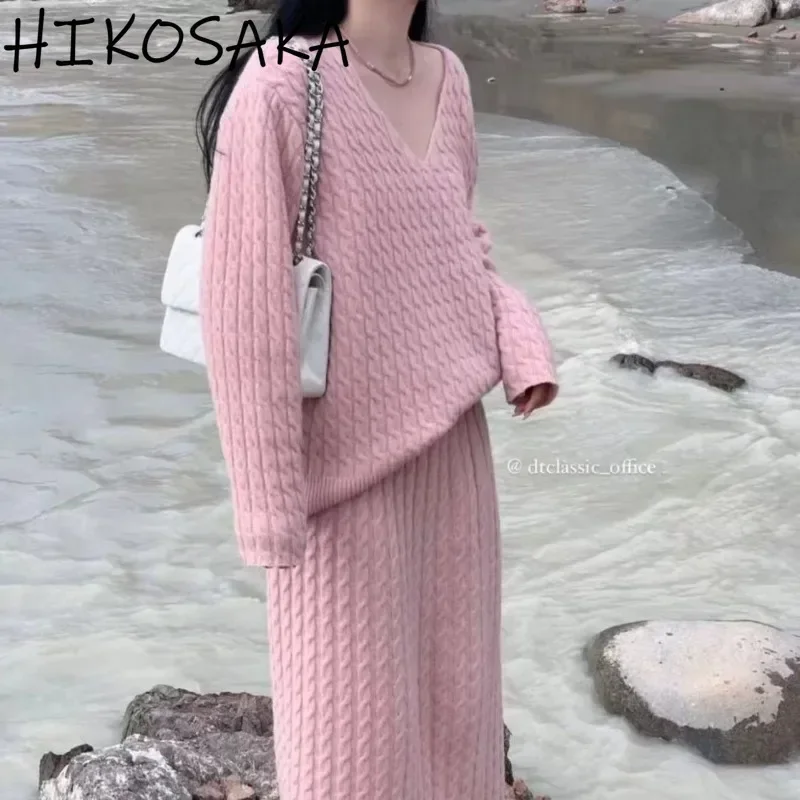 Korean Chic Autumn Knitwear Two Piece Set V-neck Cable-knit Pullover Sweaters High Waist Straight Long Skirts 2024 Dress Sets