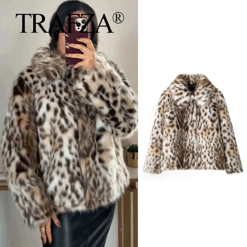 TRAFZA Woman Lapel Long Sleeves Side Pockets Casual Coat Fashion Women Winter Leopard Print Faux Fur Loose Slim Warm Coat Mujer