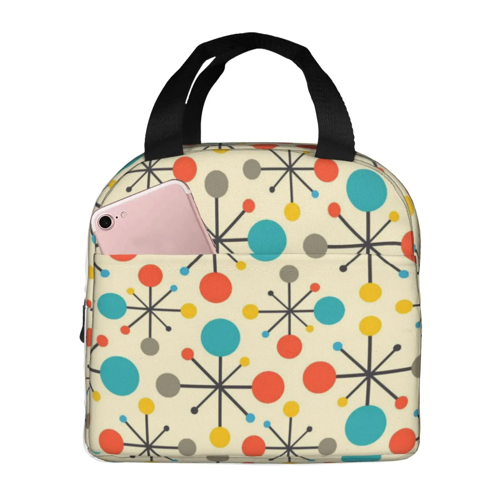 Mid Century Fifties Modern Atomic Retro Print Lunch Bag Portable Reusable Thermal Oxford Tote Bag for Work School Travel