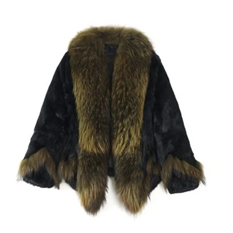 Women Winter Real Rabbit Fur Coat With Raccoon Fur Trimming Fashion Warm Luxury Long Sleeve Genuine Fur Jacket Female Outwear