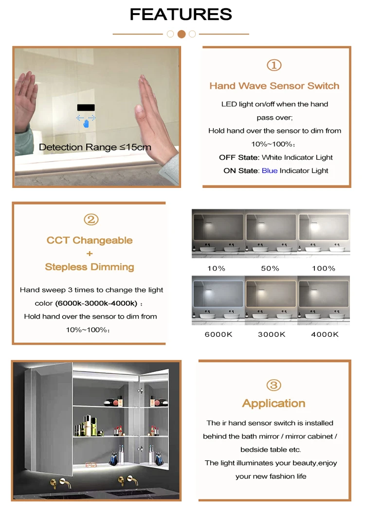 Berührungsloser Infrarot-Sensor-Schalter für Spiegelleuchten, Handbewegungssensor, intelligenter Infrarot-Sensor-Schalter 12V für Badezimmerspiegel – Detail 4