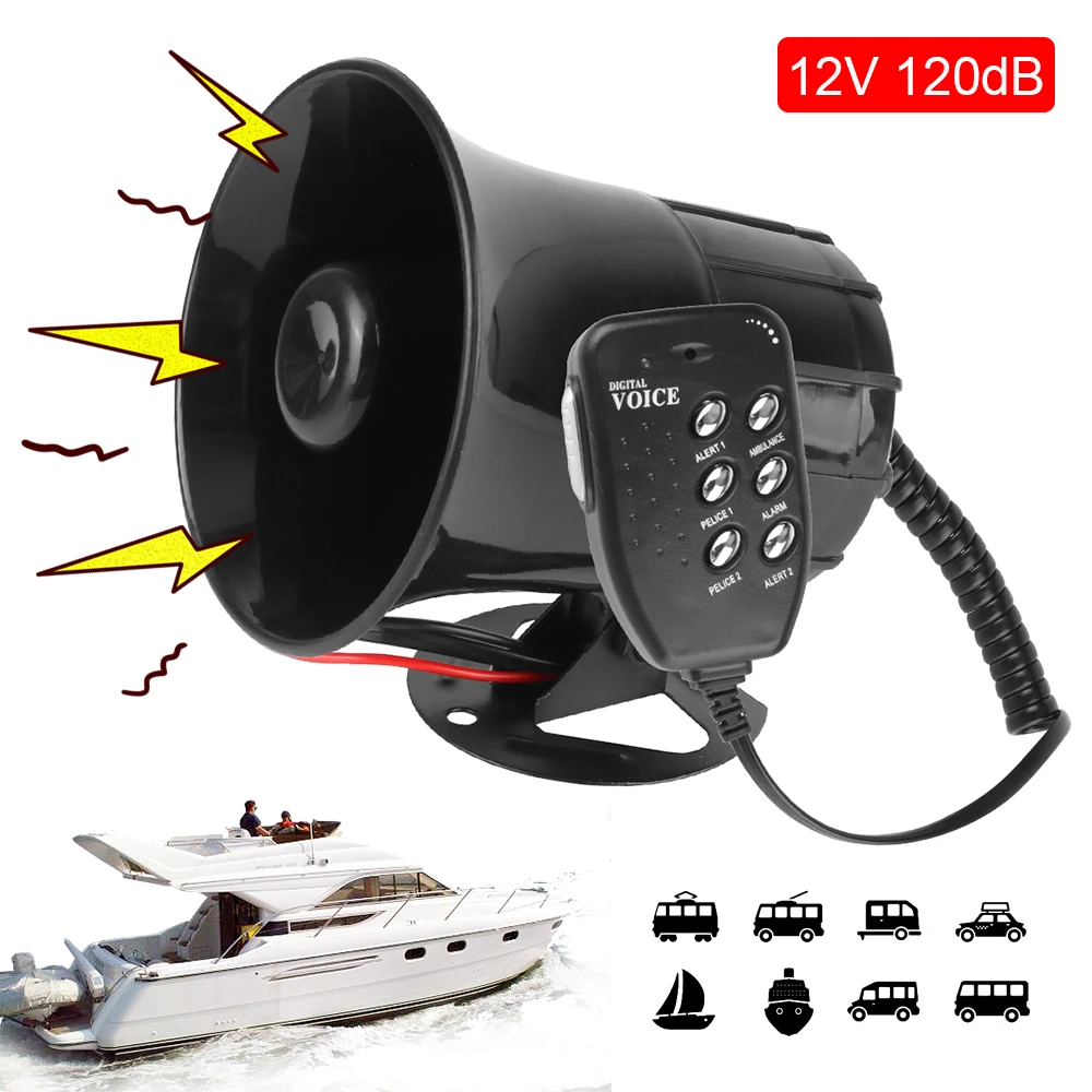 12V Boat Loudspeaker Police Warning Siren Loud Speaker 120DB Air Horn Car Horn 6 Tone Alarm Megaphone Truck Motorcycle Trumpet
