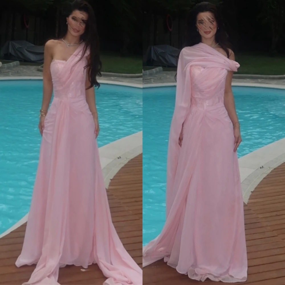 

Customized Luxury Chiffon Evening Dress Classic Sweep Train Cocktail Dress Fashion One Shoulder Special Occasion Gowns