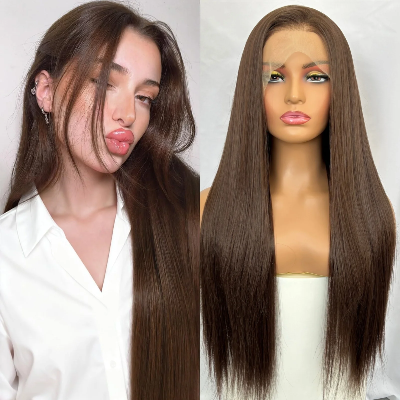 

Длинные коричневые прямые парики 13X4 на шнуровке для женщин, синтетические предварительно выщипанные волосы, шоколадные, темно-коричневые, брюнетки, натуральный черный