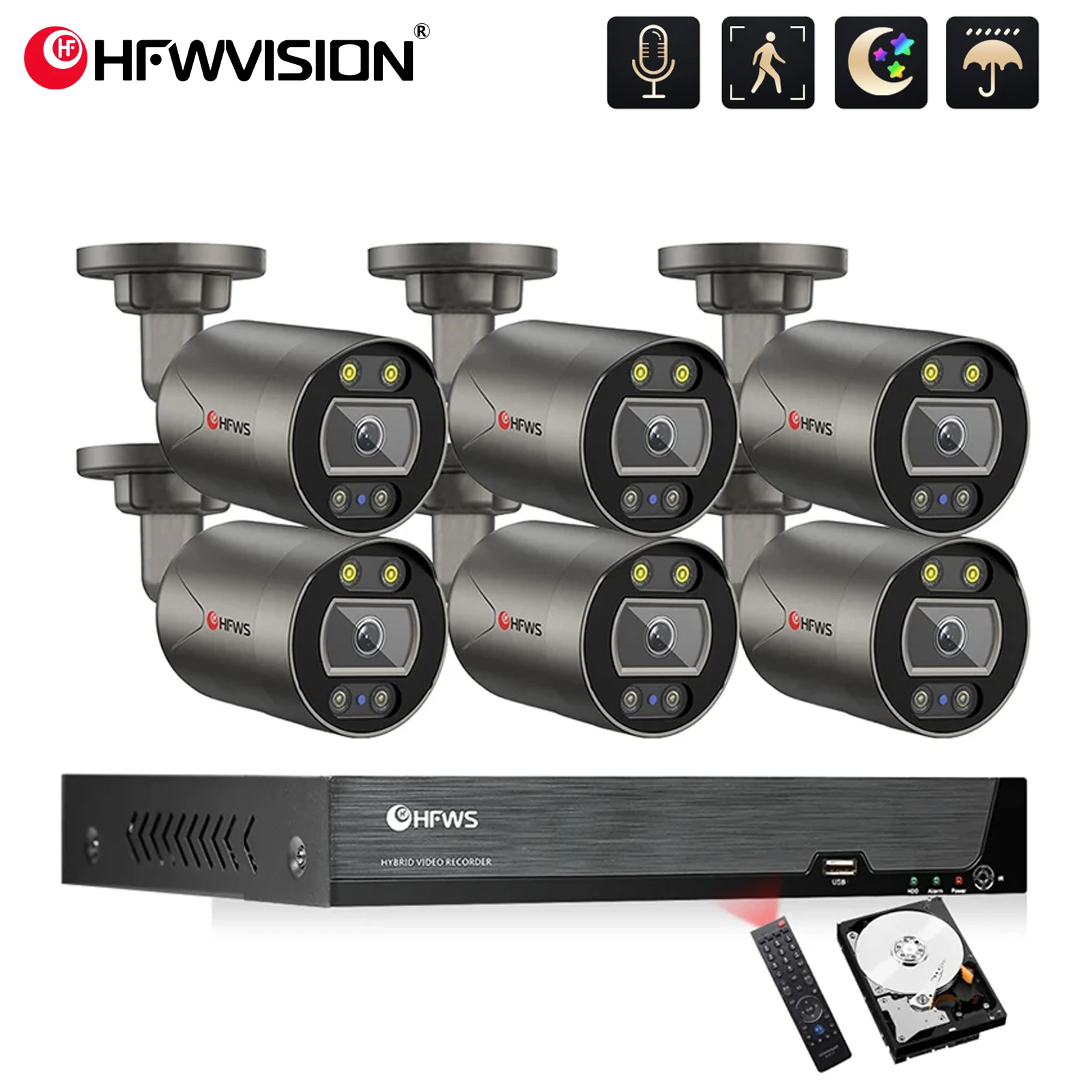 

HFWVISION 8CH 4K 8MP POE CCTV Security Camera System Home Video Surveillance NVR Kit Color night vision Outdoor IP Camera Set