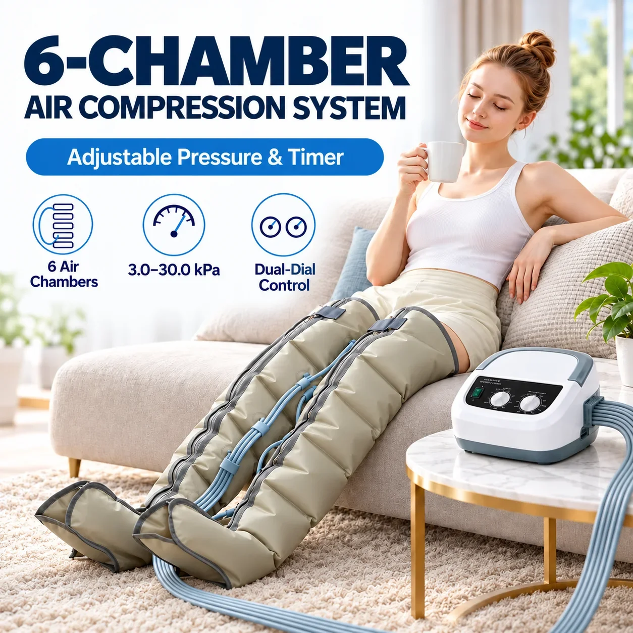 Air Compression Leg Massager 6-Chamber Sequential Compression System for Legs & Arms, 3-30kPa Adjustable Pressure, 30Min Timer