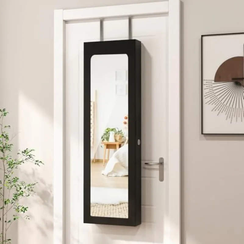 Wall Door Mounted Jewelry Cabinet with Full Length Mirror, Lockable Over Door Jewelry Armoire with LED Lights, 47.5