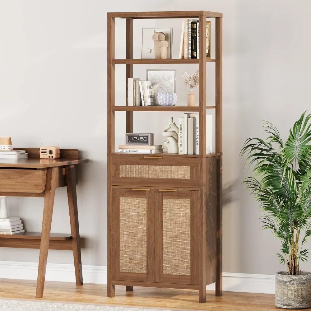 

Bookshelf with Drawer and Doors, 71” Rattan Bookcase with 3 Open Shelves Tall Book Shelf with Adjustable Shelf Farmhouse Storage