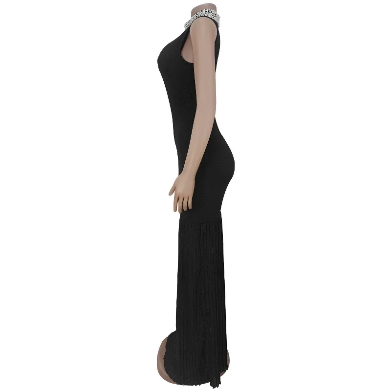 Elegant Temperament Black Evening Dresses Women Nightclub Party Sleeveless Fashion Pearls Stand Collar Sheath Bodycon Maxi Dress