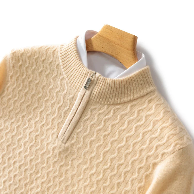 100% Pure Wool Knitted Pullover Thickened Men's Round Neck Zipper Sweater Business Casual Bottoming Shirt