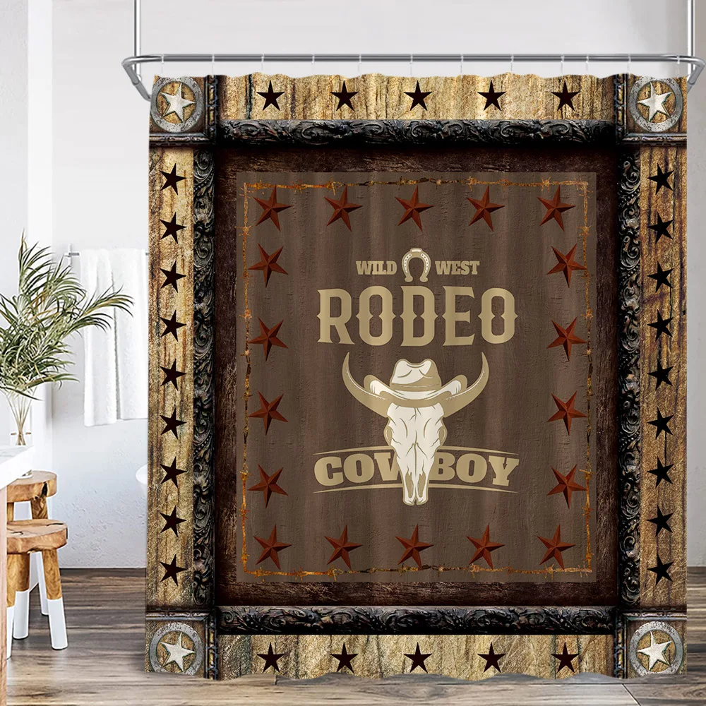 Rodeo Western Cowboy Shower Curtain Countryside Wooden Plank  Pentagram Farmhouse Bathroom Decor Vintage Bath Curtain with Hook