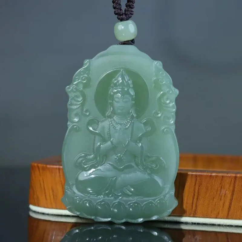 Hetian Lake Green Six-Character Mantra Formal Style Hand Joined In Prayer Guanyin Landscape Jade Pendant
