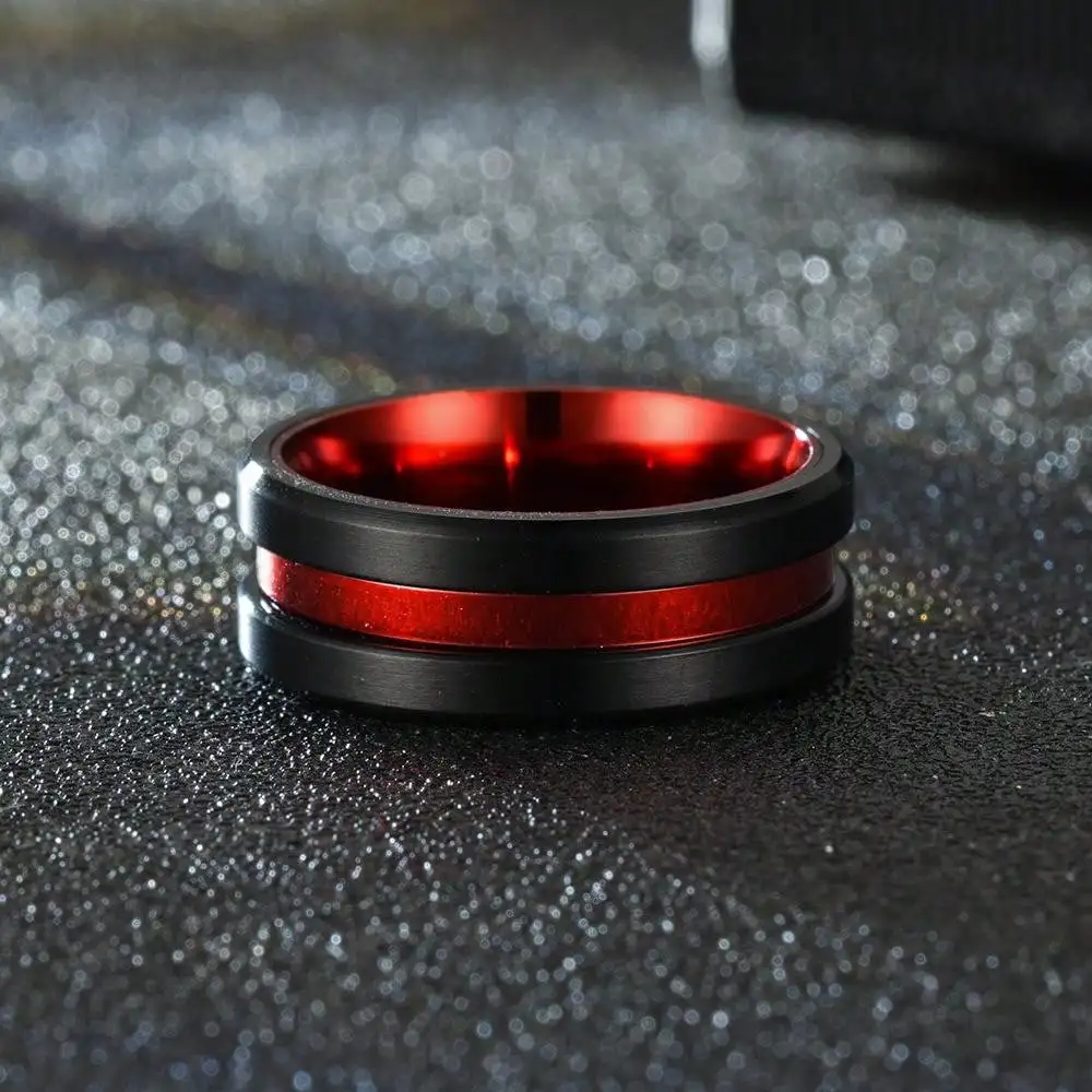 

Vintage Red Slotted Black Men's Rings Jewelry Accessories Fashion Stainless Steel Rings for Men Anniversary Party Gift