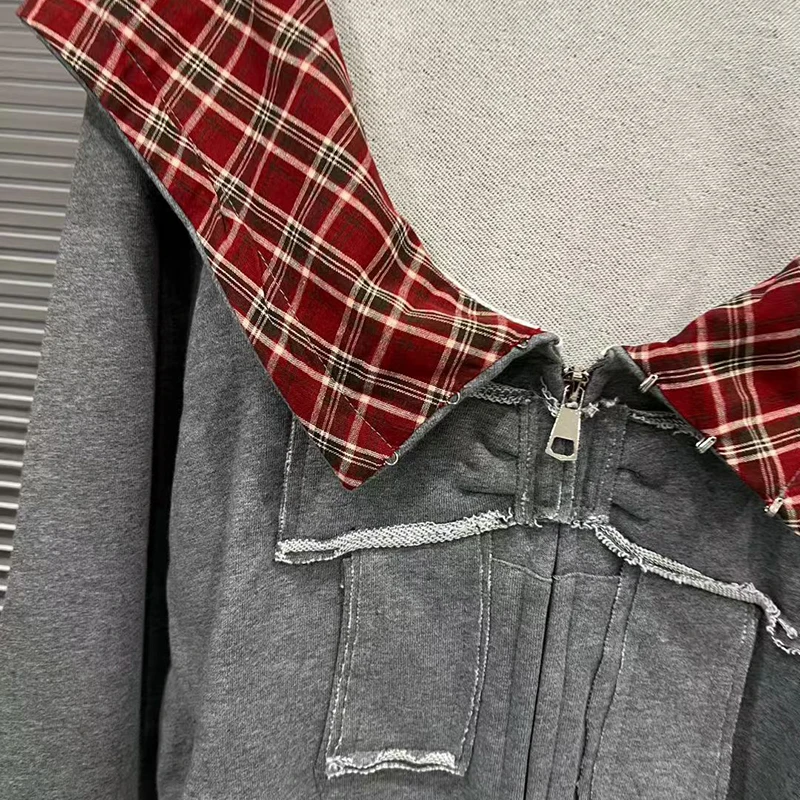 KBQ Solid Spliced Zipper Casual American Retro Coats for Women Hooded Long Sleeve Patchwork Pockets Chic Coat Female Fashion New