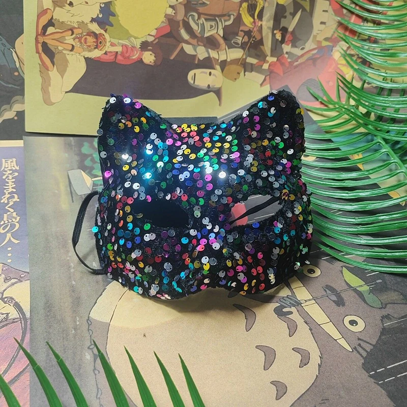 Maschere colorate per travestimento da donna con gatto con paillettes Halloween Natale Incontri sexy Carnevale Costume da festa Cosplay Accessori per il viso da ballo