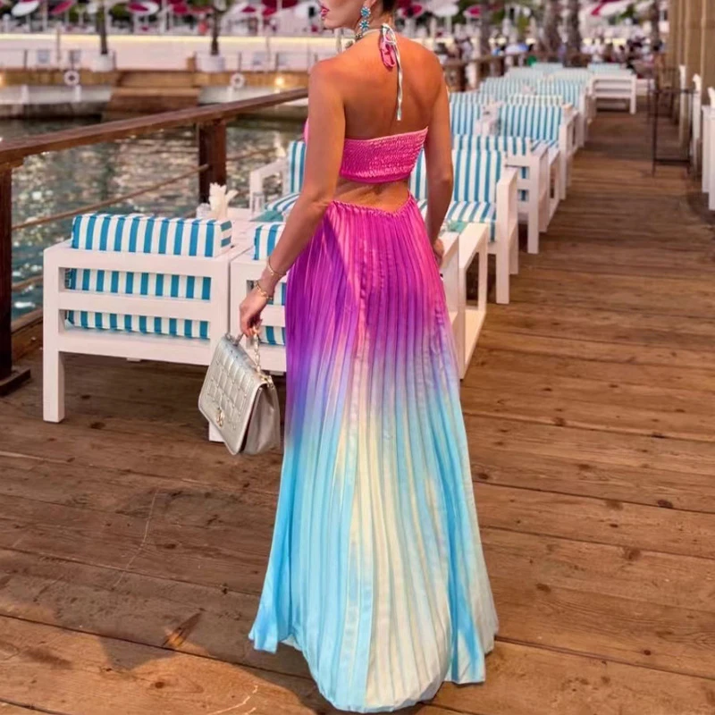 OMSJ 2024 Summer Gradient Color Vacation Beach Flowing Big Swing Maxi Dresses For Women Cutout Off Waist Laceing Pleated Sundress