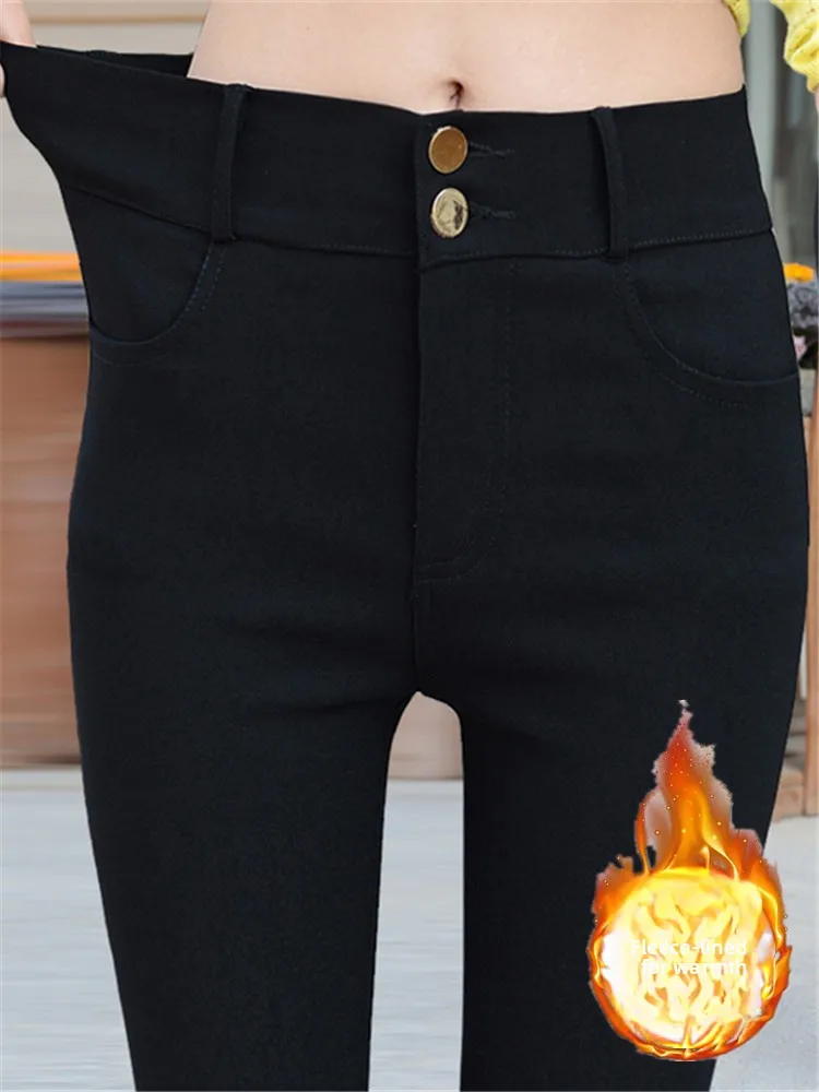 Thickened Fleece High Waist Women's Leggings Black Tight Elastic Long Pants Autumn Winter Warm Base Layer Pants Slim Fit