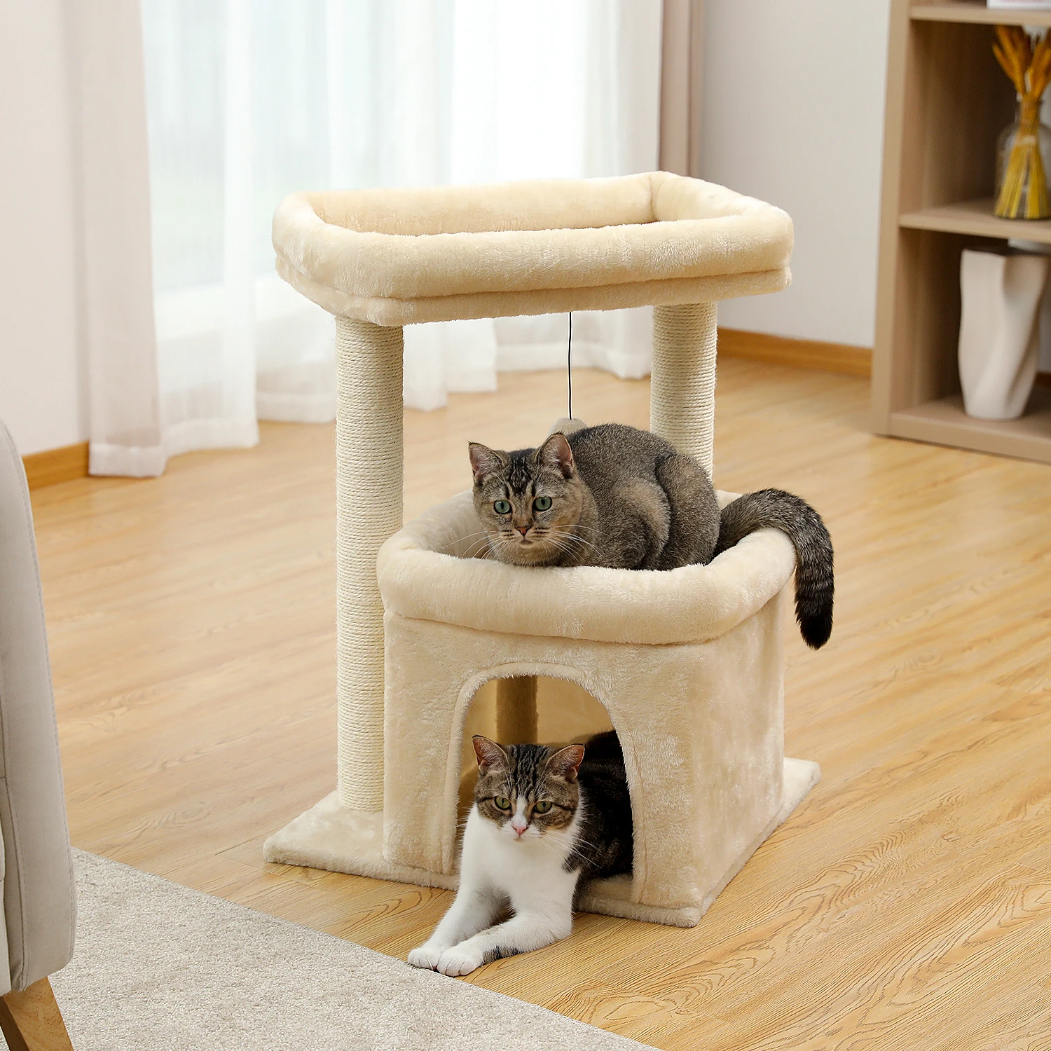 Kratzbaumturm für Hauskatzen mit privatem, gemütlichem Katzenwohnung, doppelter großer Sitzstange